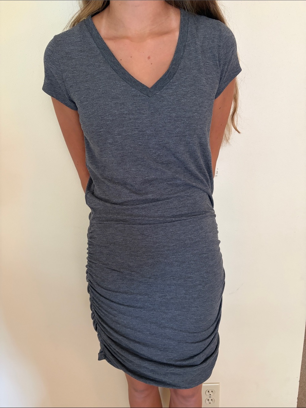 Athleta Charcoal Gray V-Neck Ruched Midi Dress